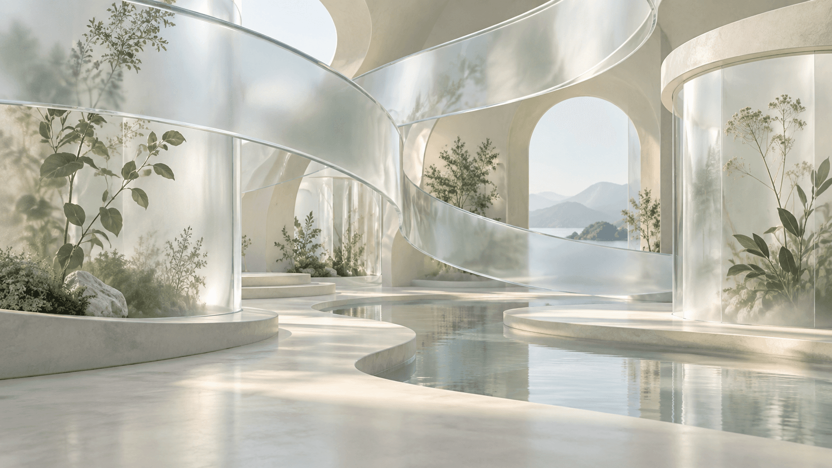 Sculptural translucent glass forms in soft botanical light