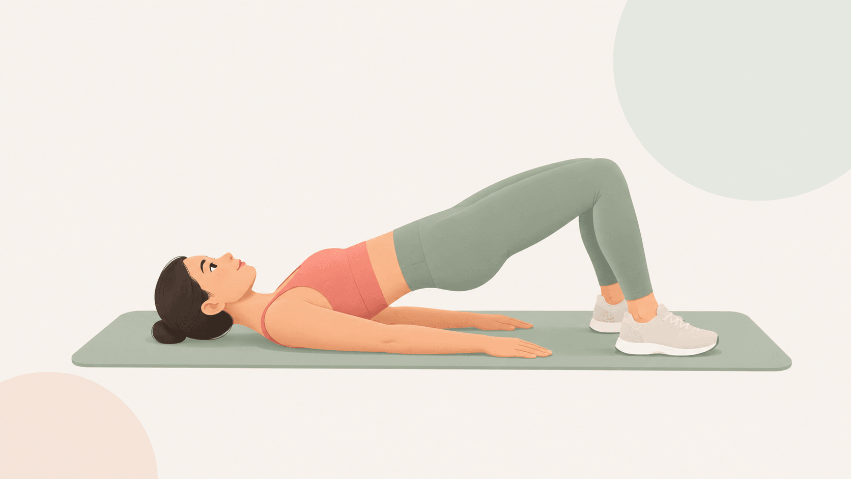 A woman demonstrates a glute bridge on a mat, with feet planted, shoulders supported and hips lifted in line with her knees and shoulders.