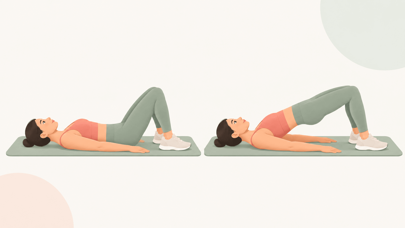 Two illustrated positions of a glute bridge: on the left, hips rest on the mat with knees bent; on the right, hips lift while the feet, head and shoulders remain supported.