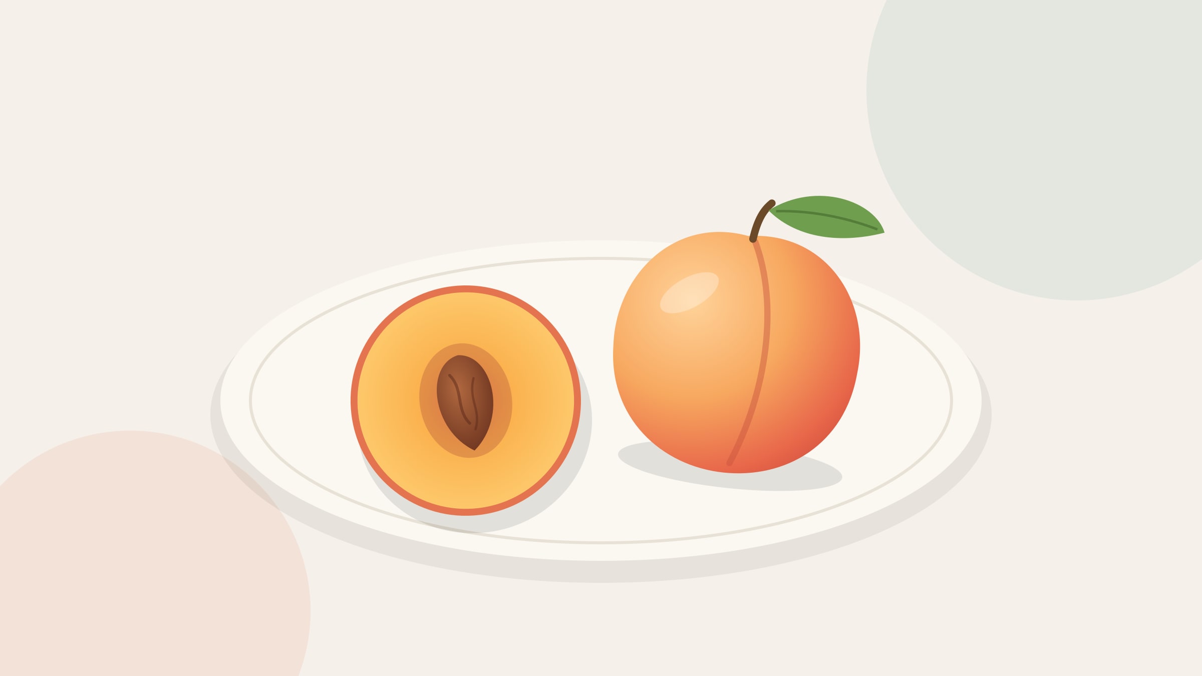 Illustration of a whole peach with a leaf beside a peach cut in half, showing its stone, on a cream plate.