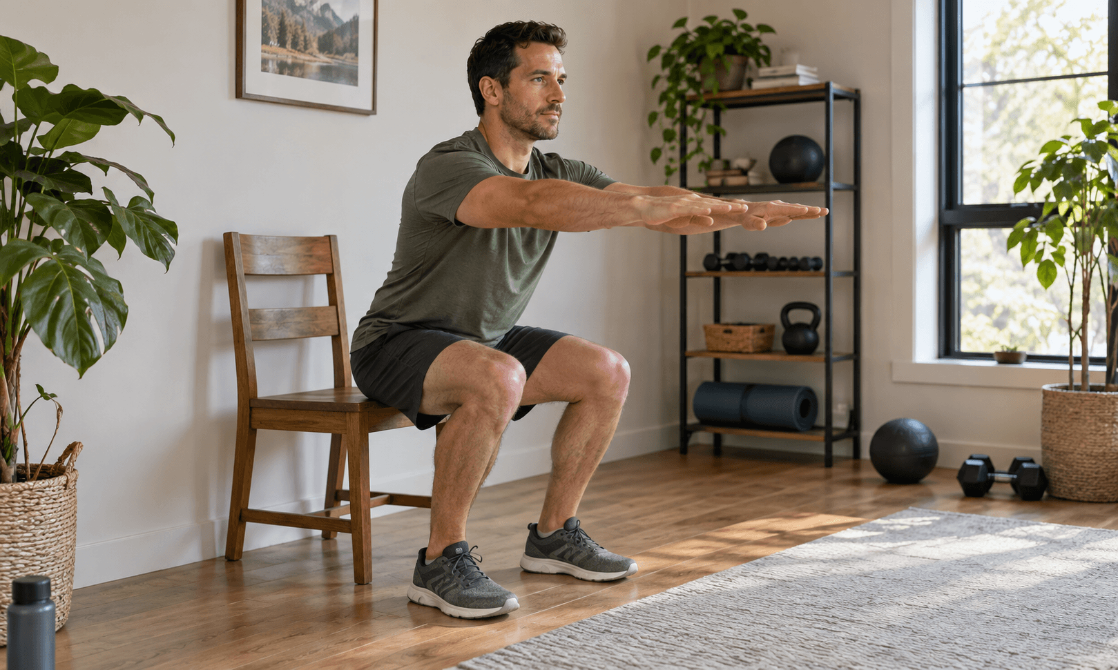 Realistic AI-generated illustration of an adult man practising a chair squat at home.
