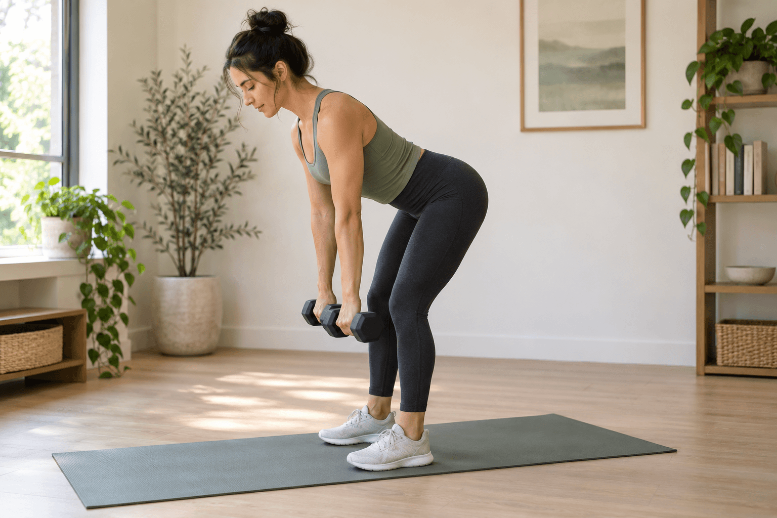 A beginner demonstrates a dumbbell hip hinge, bending at the hips with soft knees and a steady back.