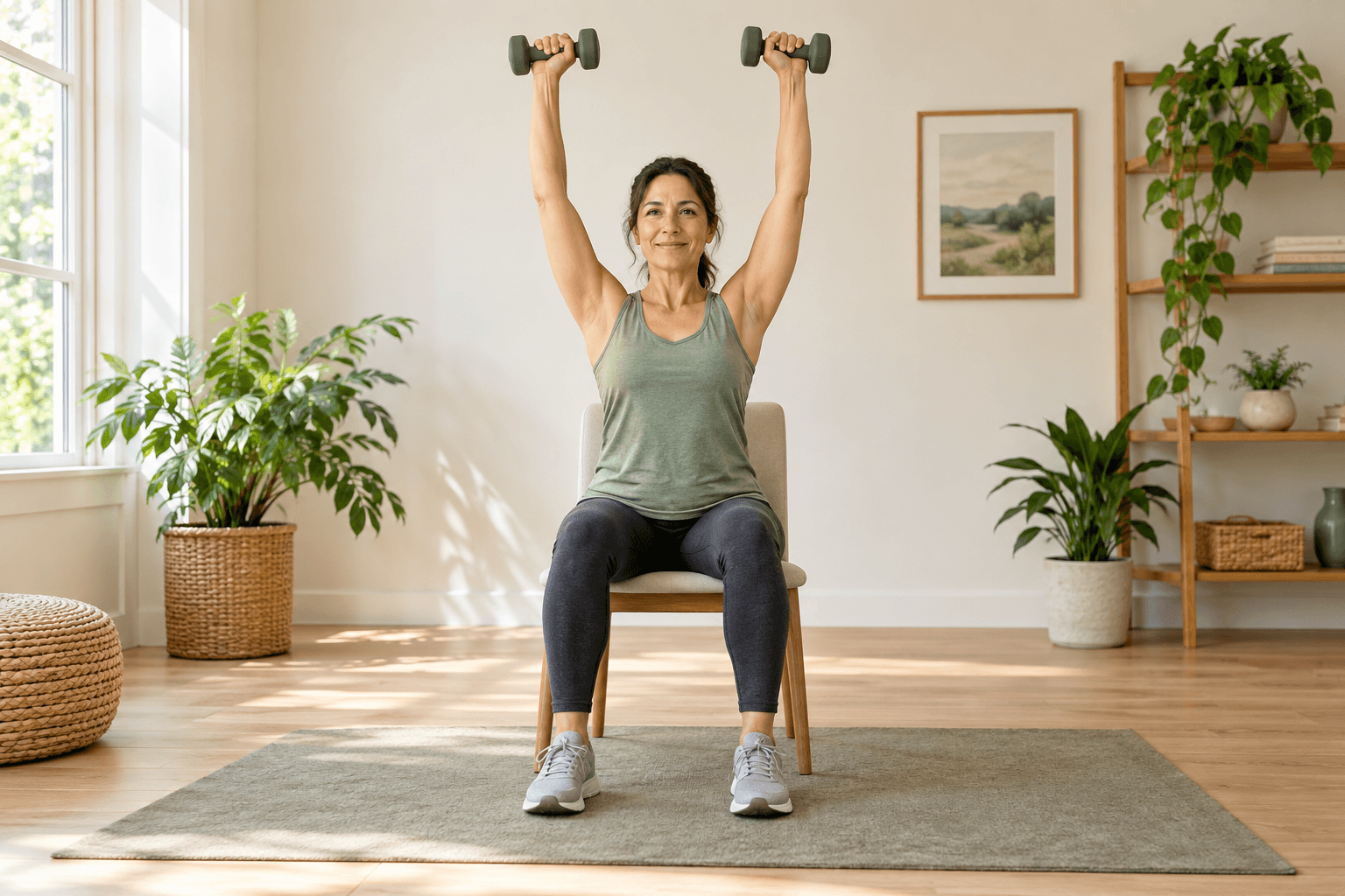 A beginner performs a seated overhead press with light dumbbells on a stable chair.