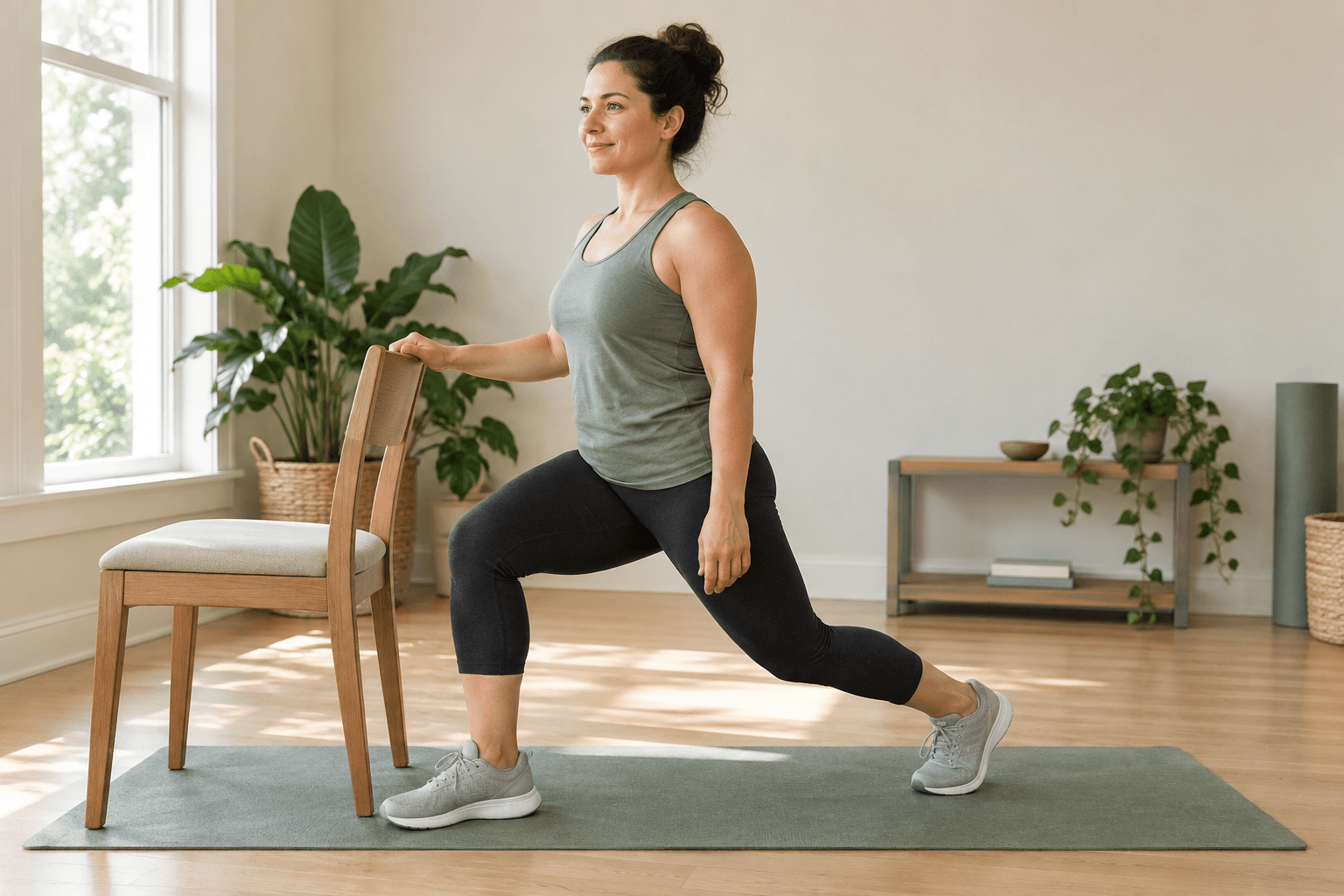 A beginner practises a supported split squat, lightly holding a stable chair for balance.