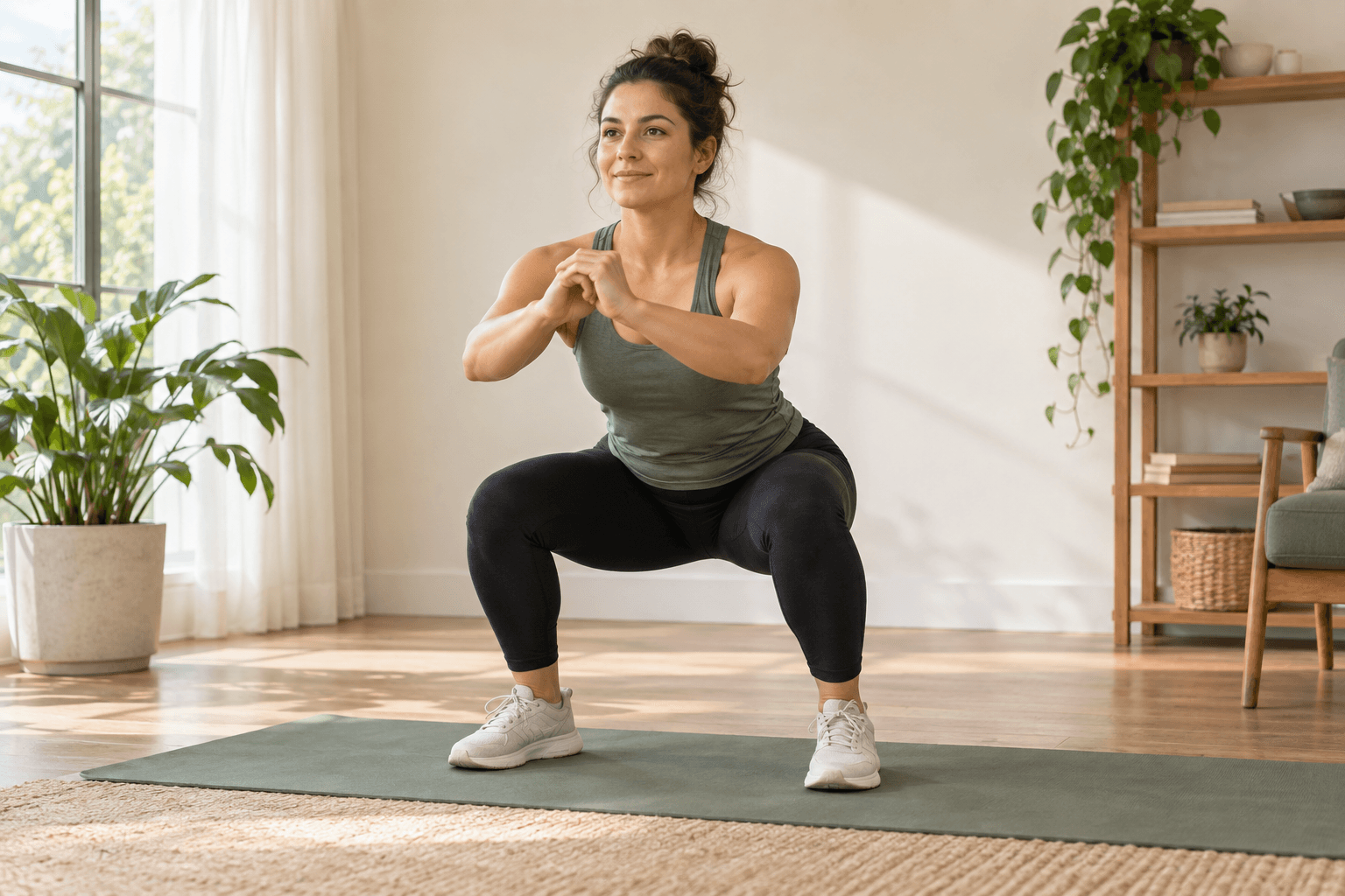 A beginner demonstrates a controlled bodyweight squat, with feet planted and hips lowered.