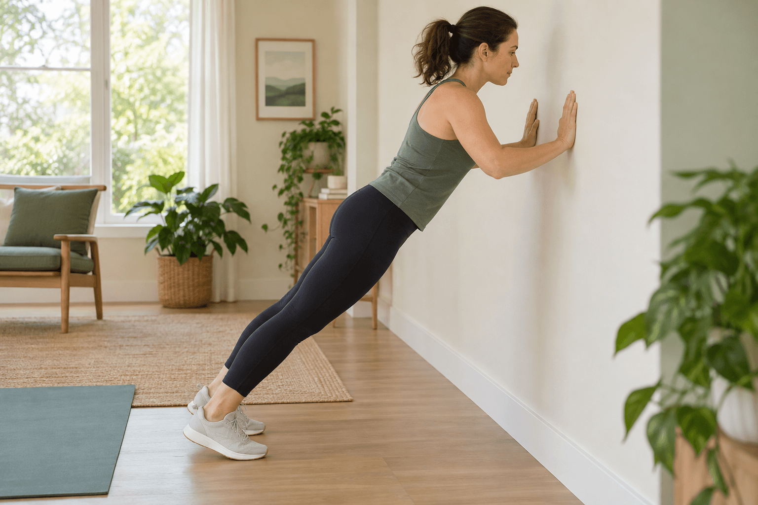A beginner performs a wall push-up, leaning toward the wall with hands at chest height.