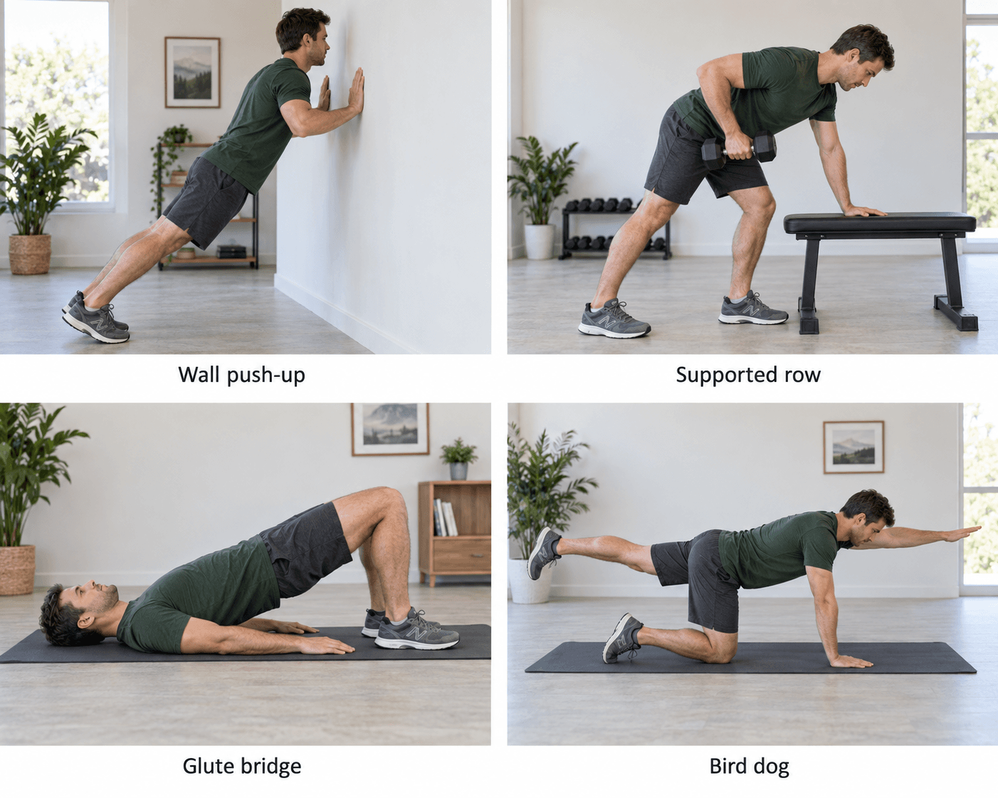 Realistic AI-generated exercise illustrations of a man demonstrating wall push-up, supported dumbbell row, glute bridge and bird dog.