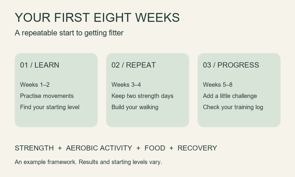 Eight-week beginner fitness framework: learn movements, repeat the routine, then gradually increase the challenge.