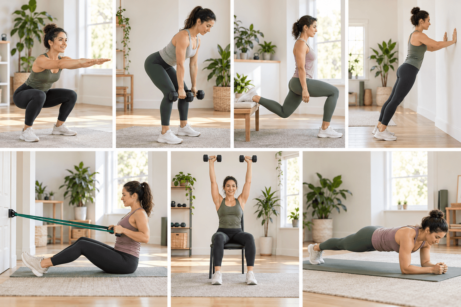 Illustrations of a squat, hip hinge, split squat, wall push-up, resistance-band row, seated overhead press and plank.