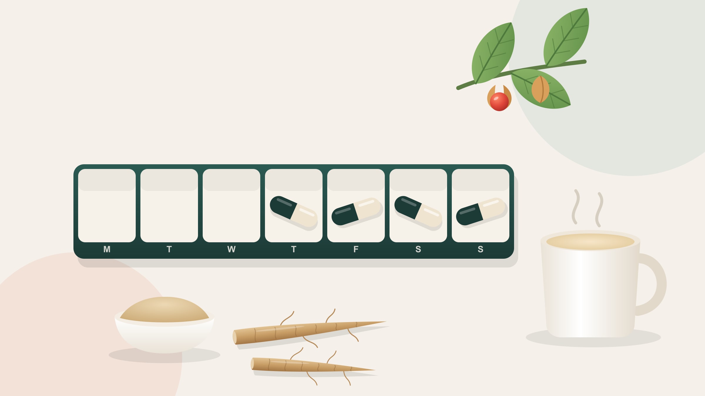 Illustration of a seven-day pill organiser holding ashwagandha capsules, beside a mug of warm milk, a small bowl of root powder, two dried roots and a sprig of ashwagandha leaves with red berries.