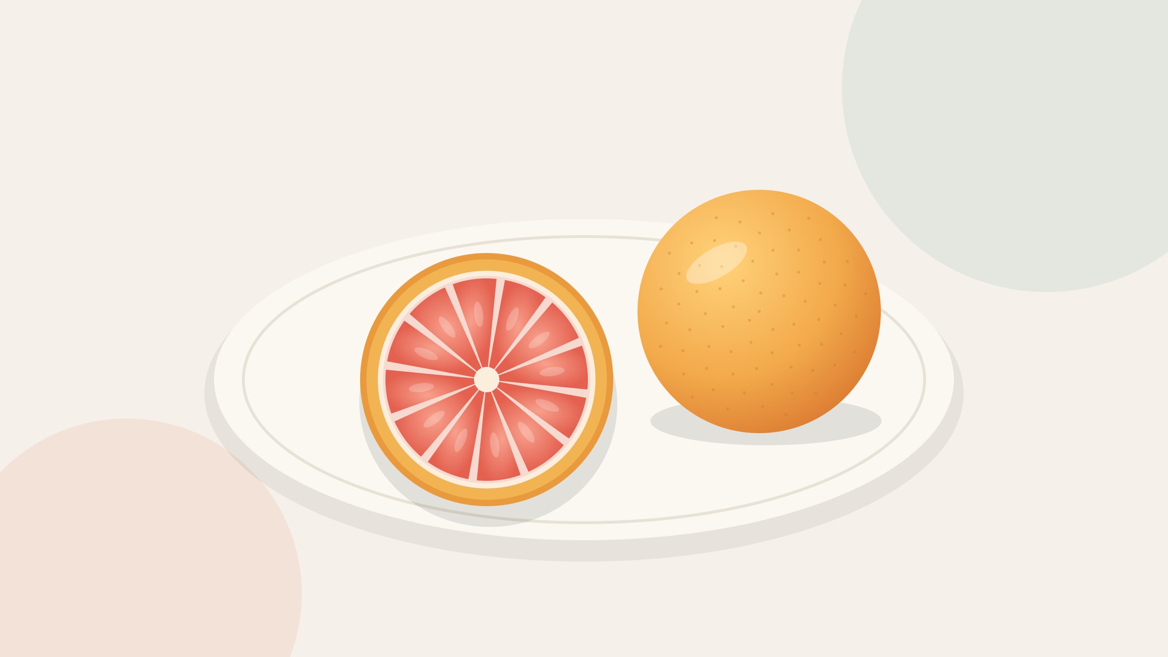 Illustration of a pink grapefruit cut in half beside a whole grapefruit on a cream plate.