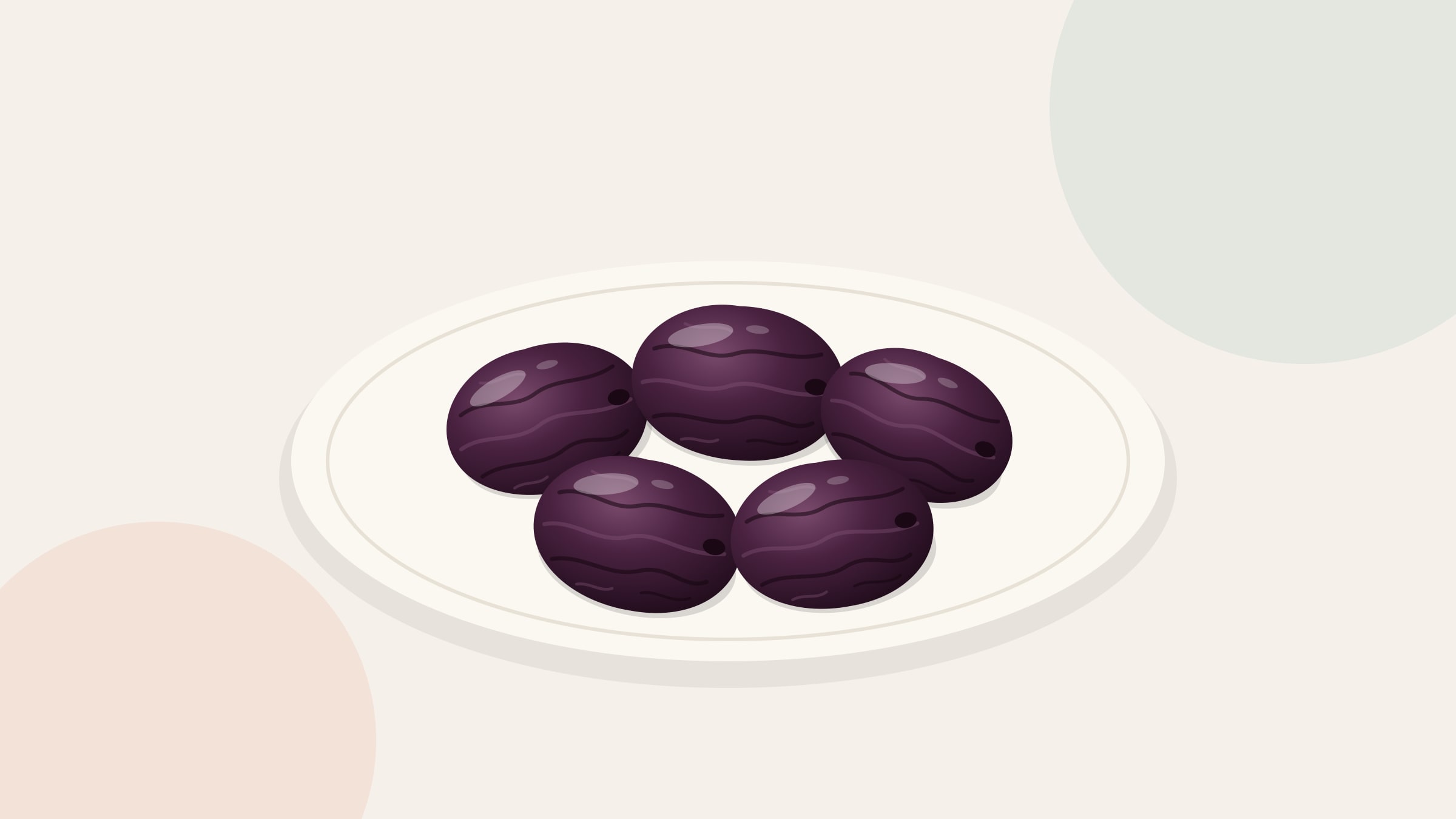 Illustration of five dark, glossy prunes on a cream plate.