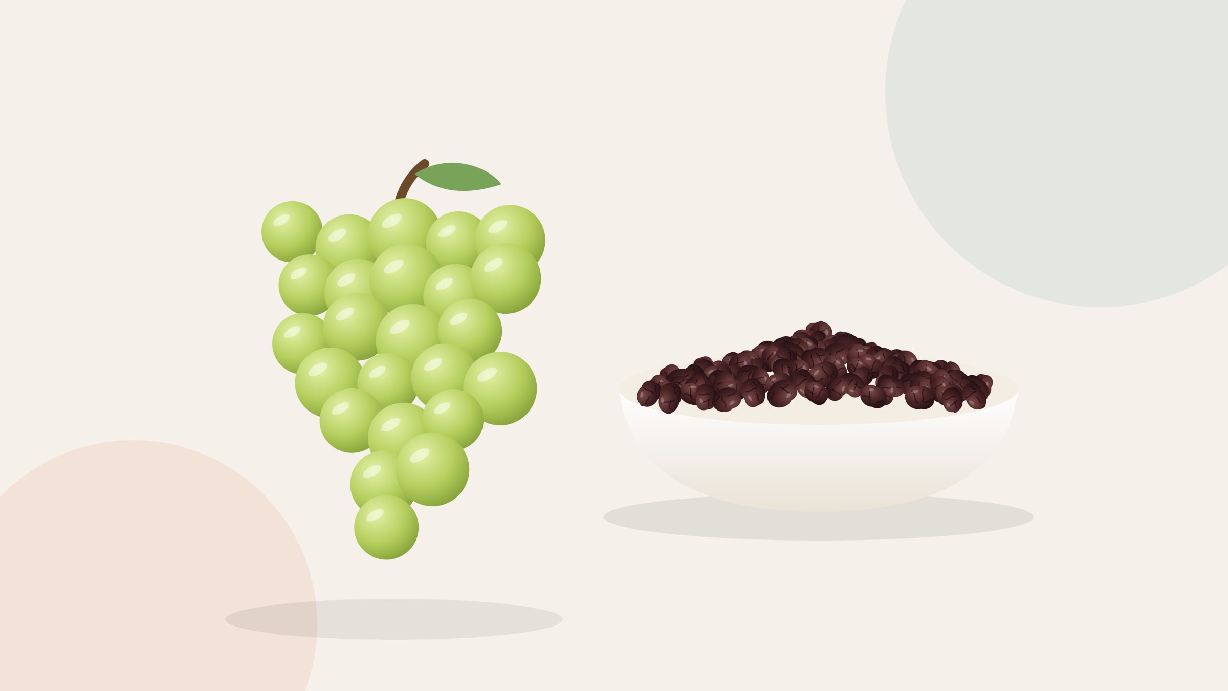 Illustration of a bunch of green grapes beside a bowl heaped with raisins.