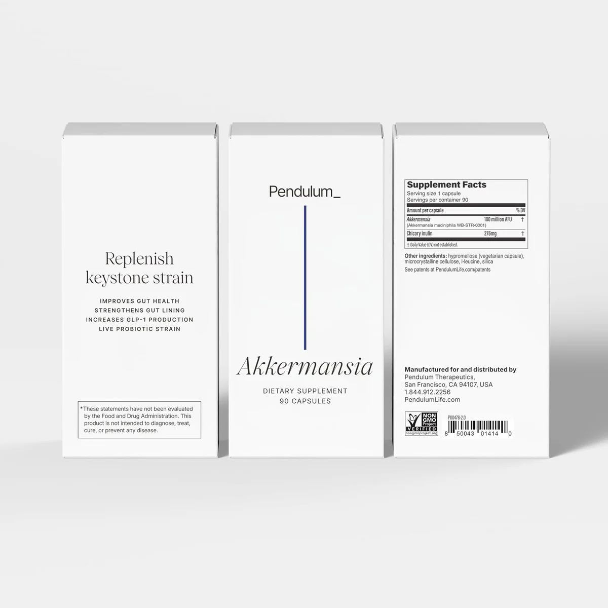 The Pendulum Akkermansia carton shown from three sides: the claims panel, the front panel and the Supplement Facts panel listing Akkermansia muciniphila WB-STR-0001 at 100 million AFU and chicory inulin at 276 mg.
