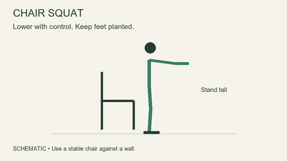 Animated side view of a controlled chair squat: stand, lower to the chair, and stand again.